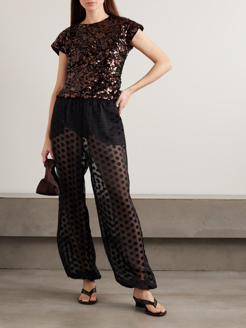 GANNI Bow-detailed satin-trimmed sequinned velvet blouse