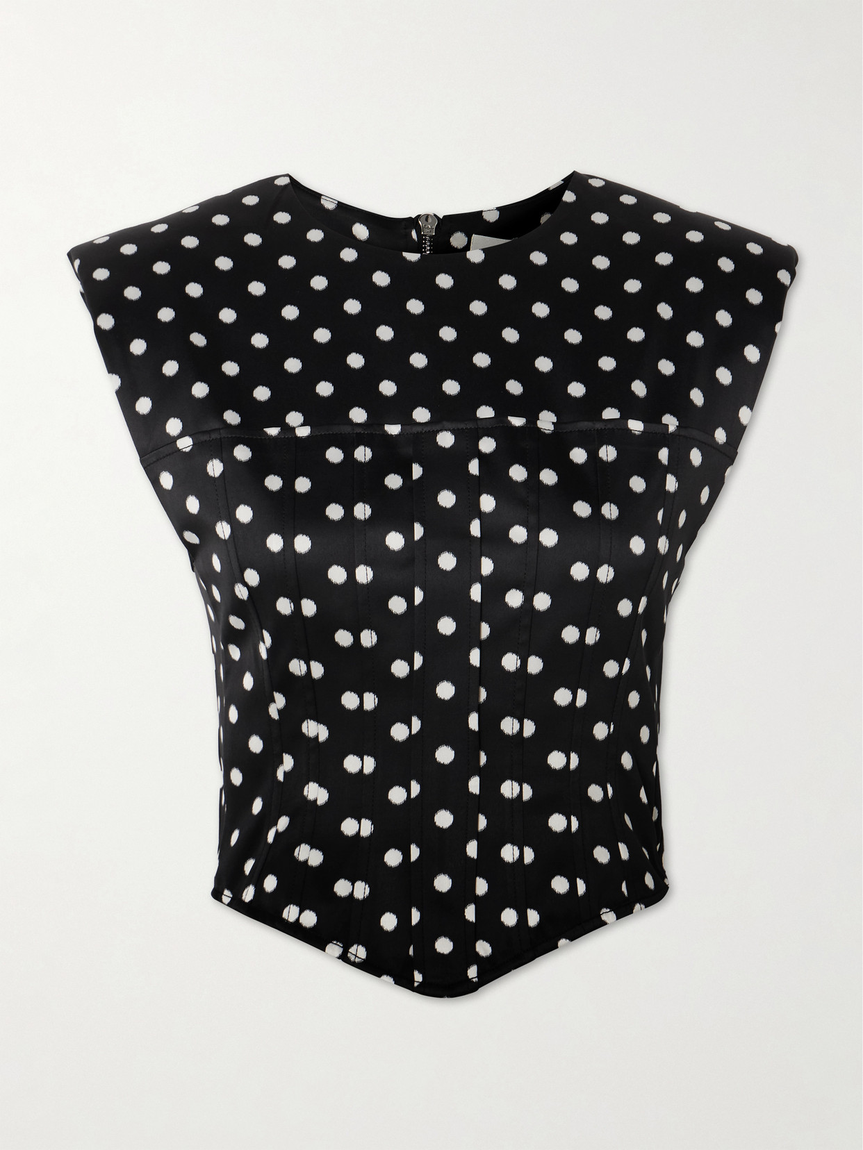 Ganni Womens Black Padded-shoulder Polka-dot Satin Corset Top