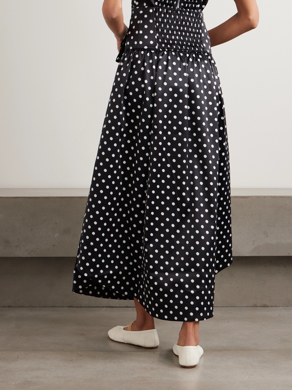 Ganni Gathered Polka-dot Recycled Satin Midi Skirt In Black