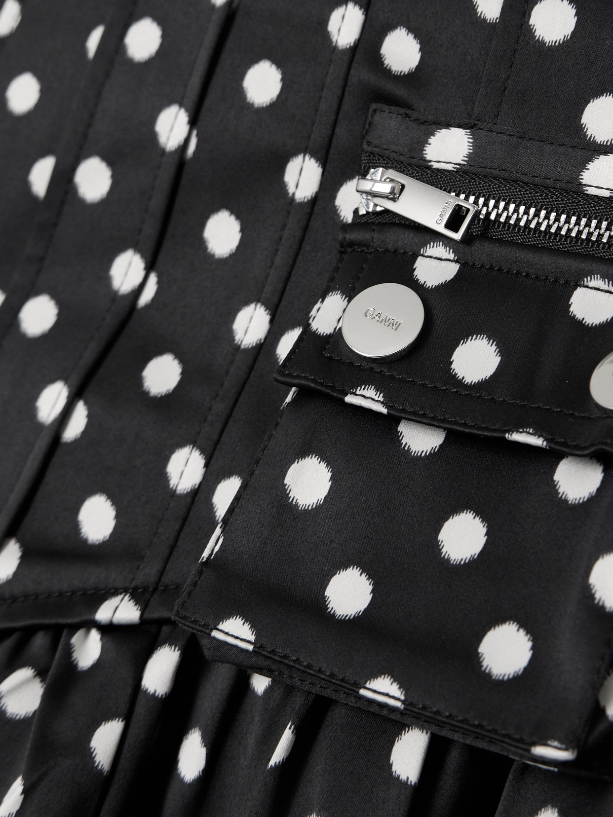 Ganni Gathered Polka-dot Recycled Satin Midi Skirt In Black