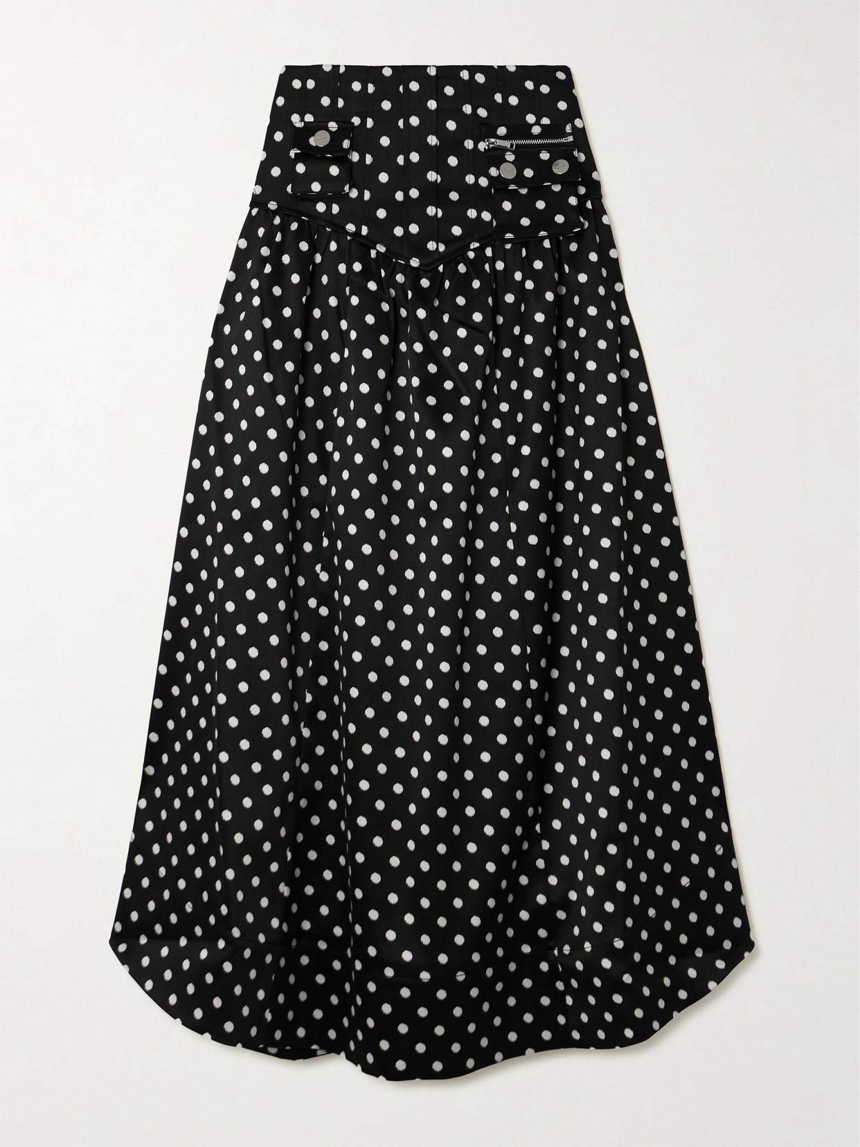 Ganni Gathered Polka-dot Recycled Satin Midi Skirt In Black