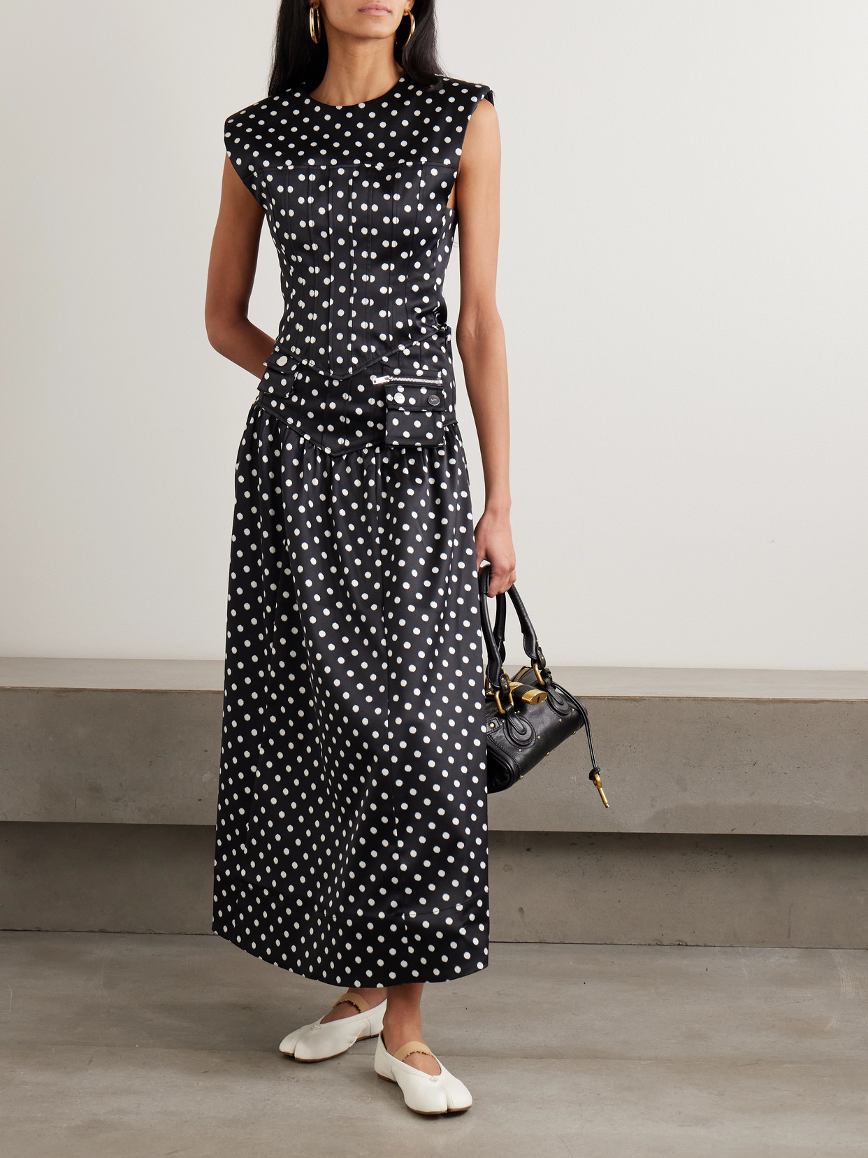 Ganni Gathered Polka-dot Recycled Satin Midi Skirt In Black
