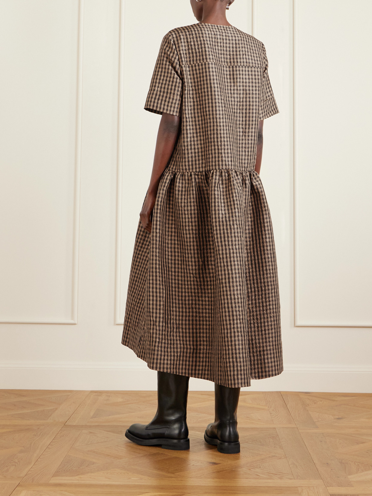 Ganni Crinckled Taffeta Checkered Dress Gathered Waist In Brown