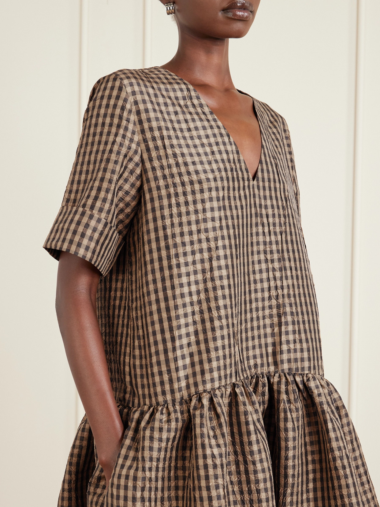Ganni Crinckled Taffeta Checkered Dress Gathered Waist In Brown