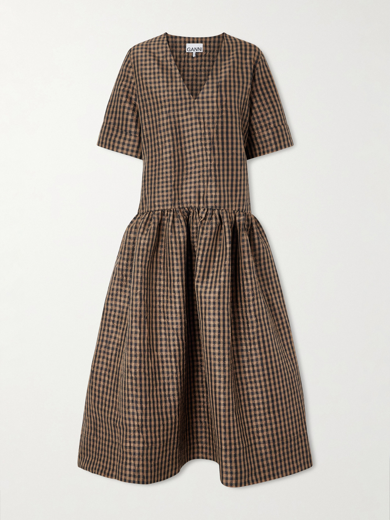 Ganni Crinckled Taffeta Checkered Dress Gathered Waist In Brown