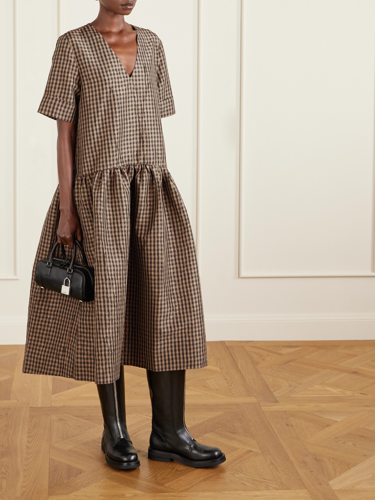 Ganni Crinckled Taffeta Checkered Dress Gathered Waist In Brown