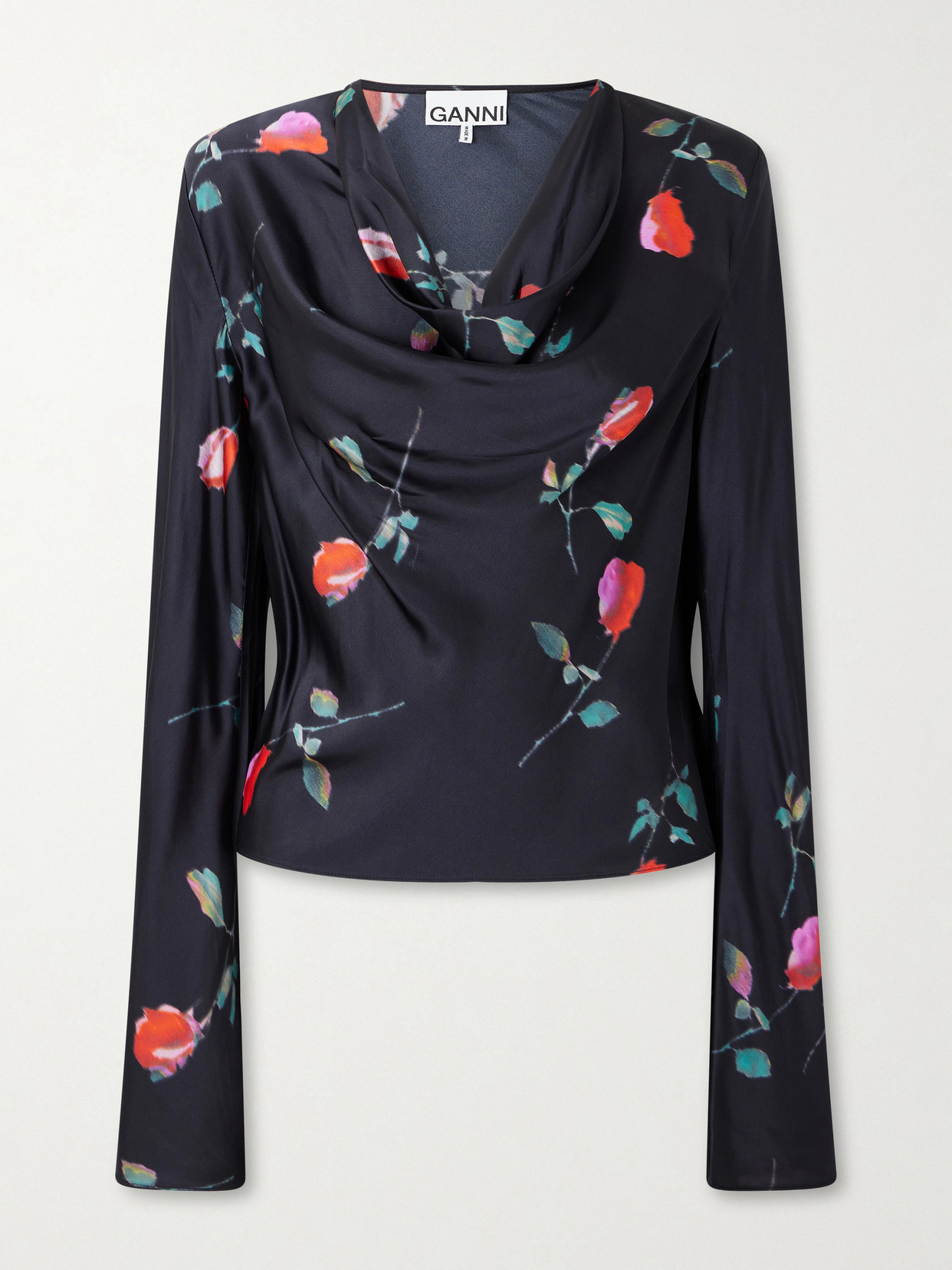 Ganni Draped Floral-print Satin Top In Black