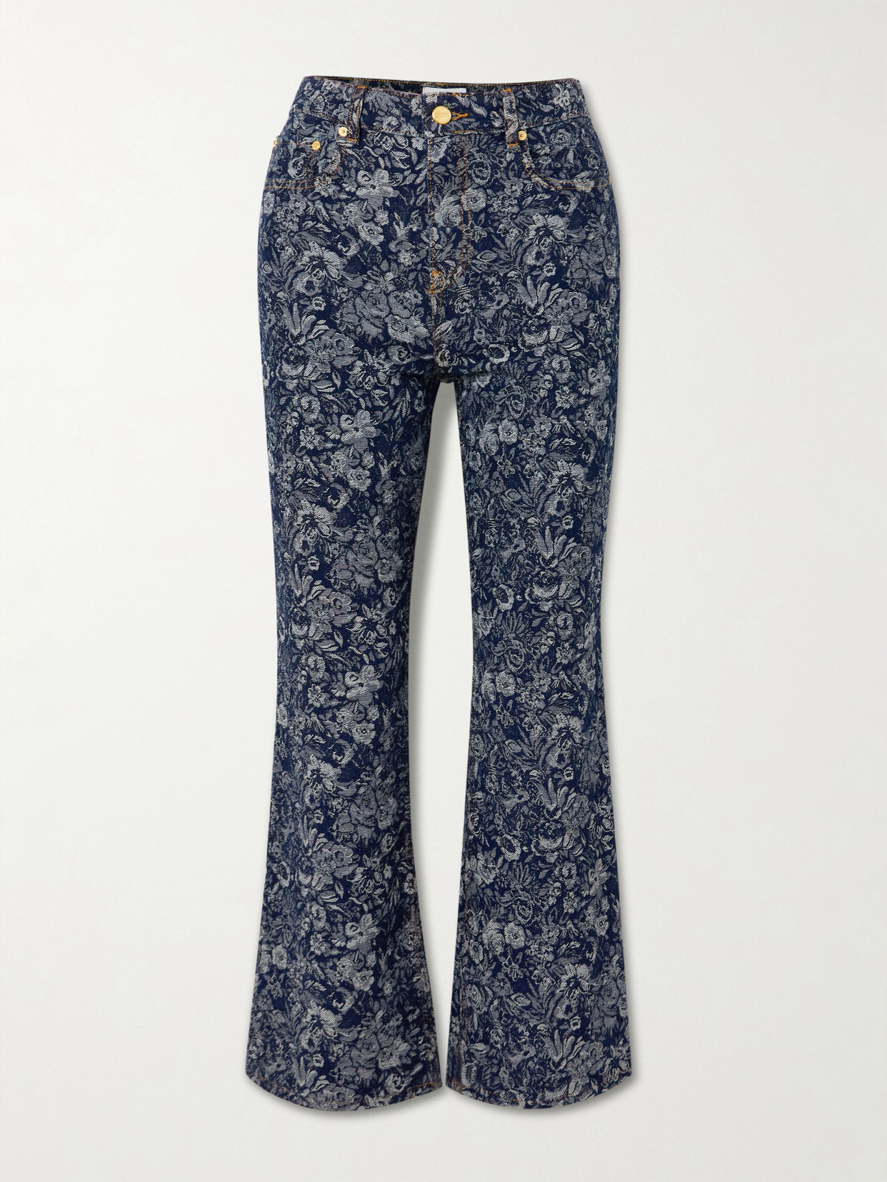 Ganni Betzy Floral-jacquard Cropped High-rise Straight-leg Organic Jeans In Blue