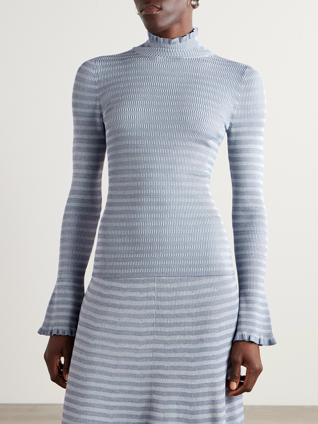 White Label - Phyllis Ruffled Striped Ribbed-Knit Turtleneck Sweater