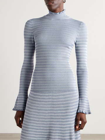Proenza Schouler White Label Phyllis ruffled striped ribbed-knit turtleneck sweater