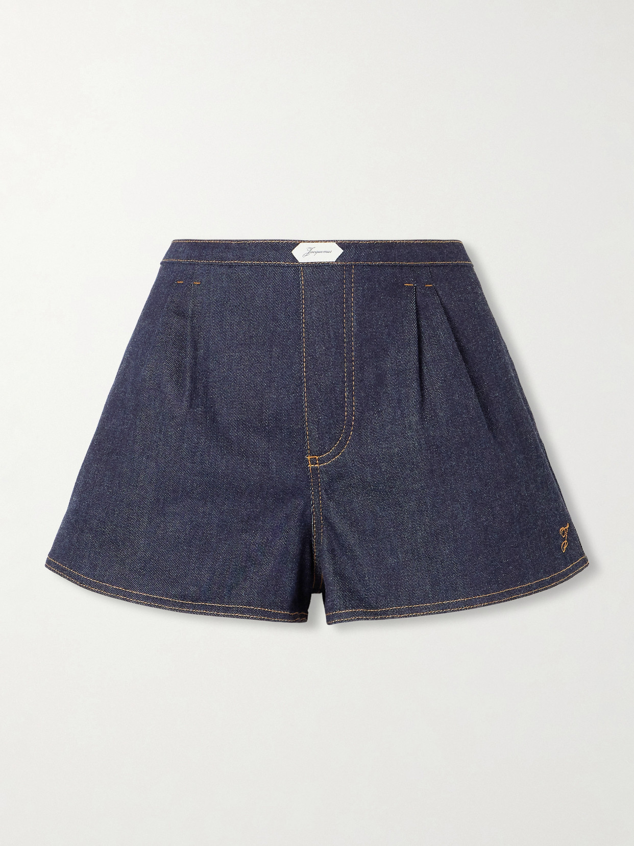 Jacquemus Amelo Embroidered Pleated Denim Shorts In Blue