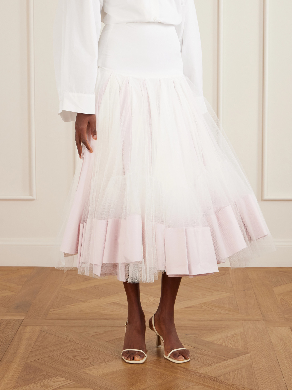 La Jupe Mireio Pleated Cotton-Trimmed Tulle Midi