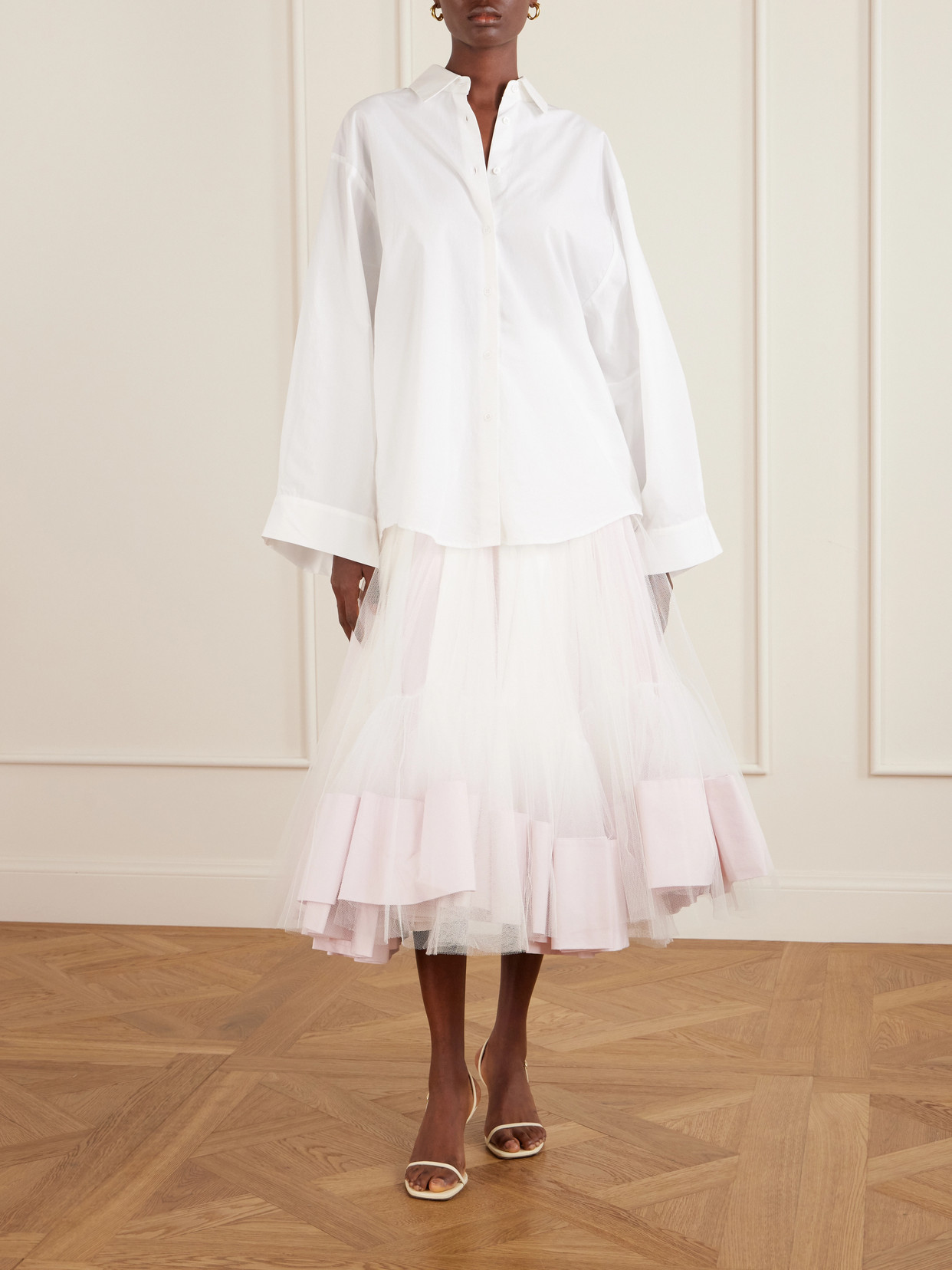 La Jupe Mireio Pleated Cotton-Trimmed Tulle Midi