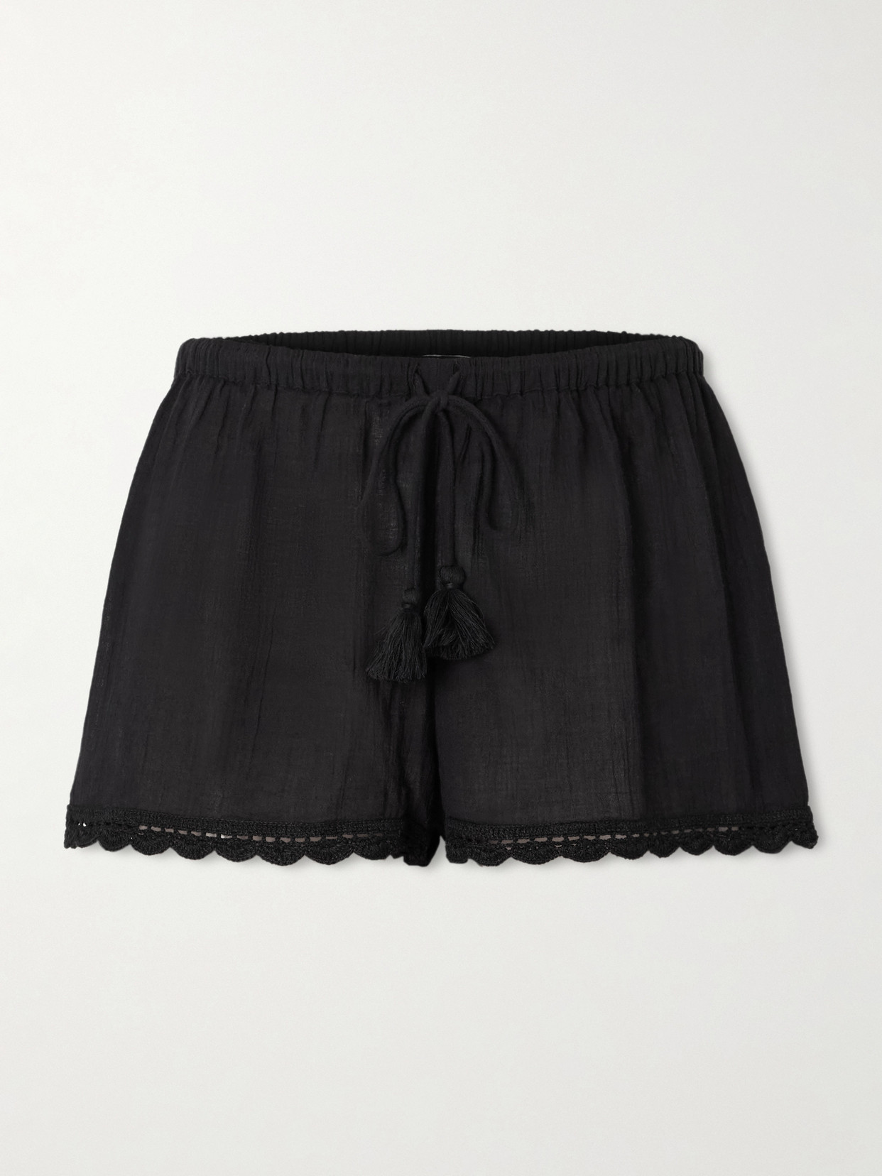 Ulla Johnson Aran Tasseled Crochet-trimmed Cotton Shorts In Black