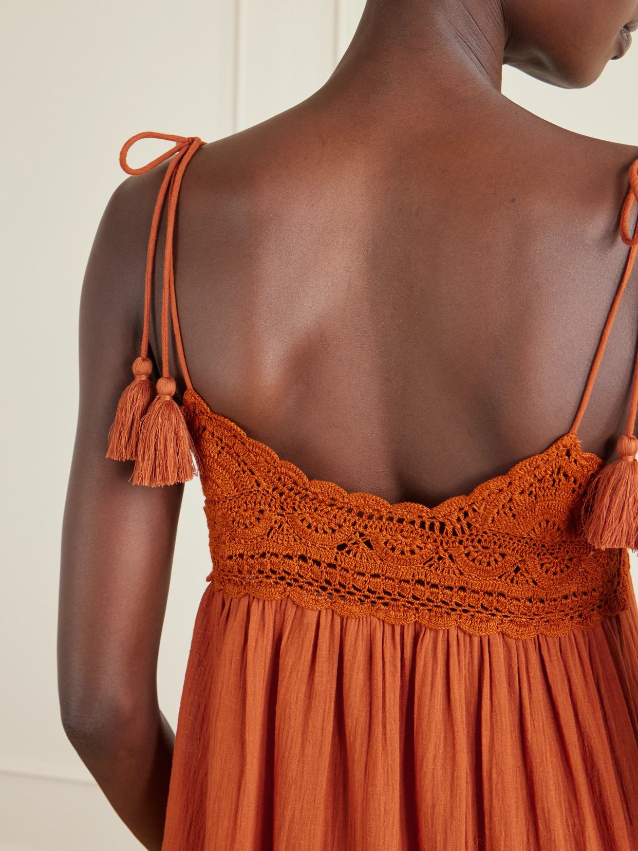 Ulla Johnson Linnea Tasseled Crochet-trimmed Cotton Midi Dress In Orange