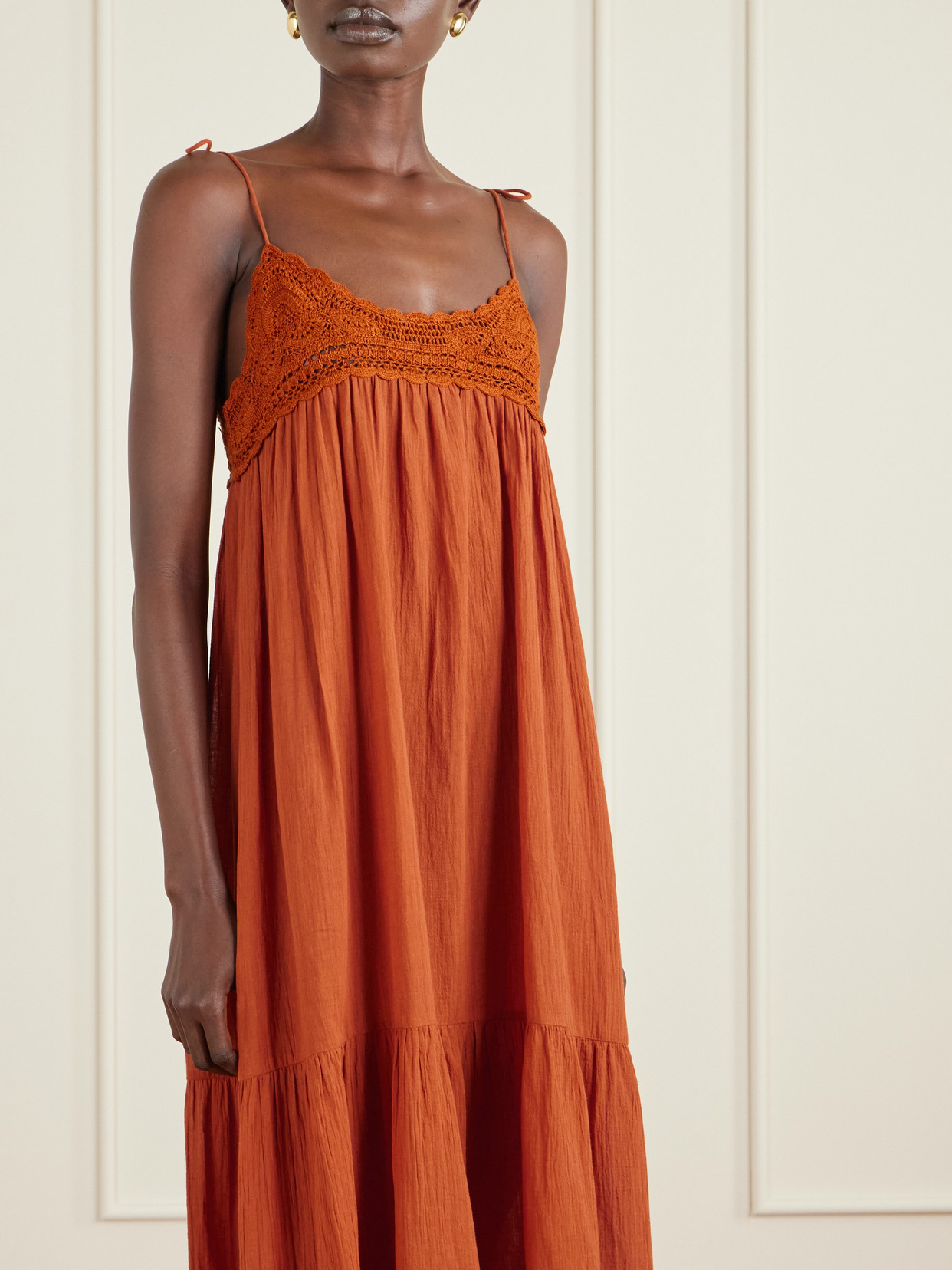 Ulla Johnson Linnea Tasseled Crochet-trimmed Cotton Midi Dress In Orange