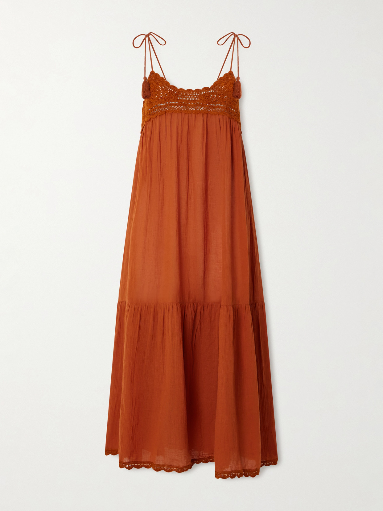 Ulla Johnson Linnea Tasseled Crochet-trimmed Cotton Midi Dress In Orange