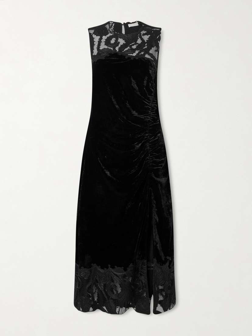 Ulla Johnson Rosaria Ruched Corded Lace-trimmed Velvet Maxi Dress