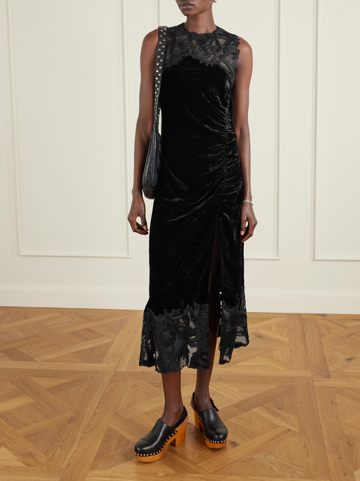 Ulla Johnson Rosaria Ruched Corded Lace-trimmed Velvet Maxi Dress In Black