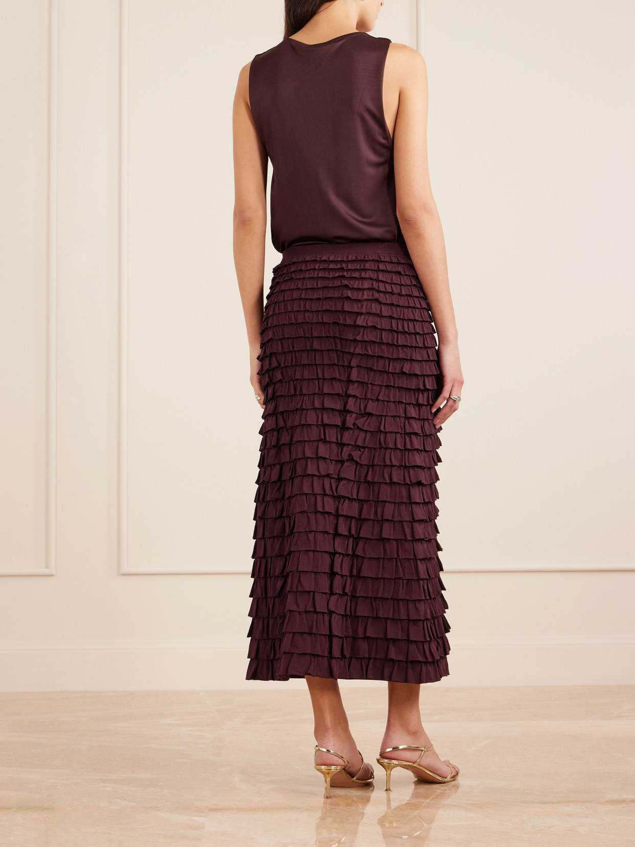 Ulla Johnson Mimi Tiered Ruffled Jersey Midi Skirt In Burgundy