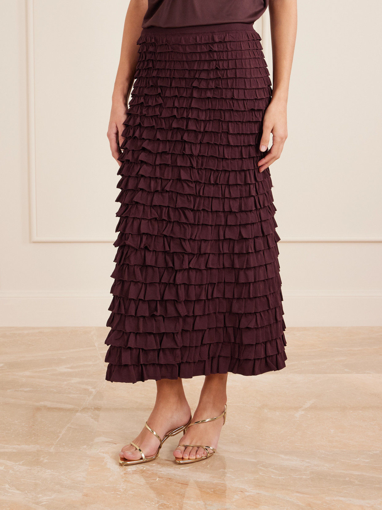 Ulla Johnson Mimi Tiered Ruffled Jersey Midi Skirt In Burgundy