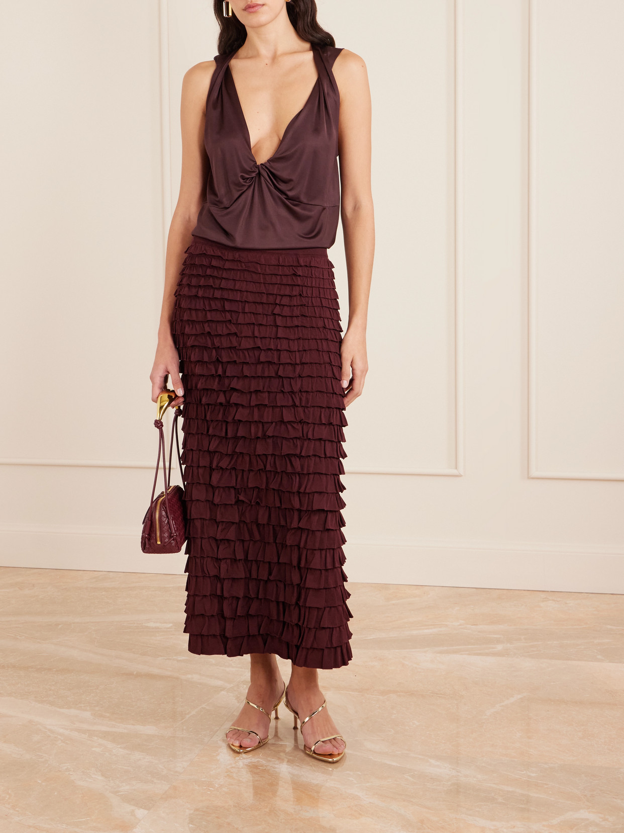 Ulla Johnson Mimi Tiered Ruffled Jersey Midi Skirt In Burgundy