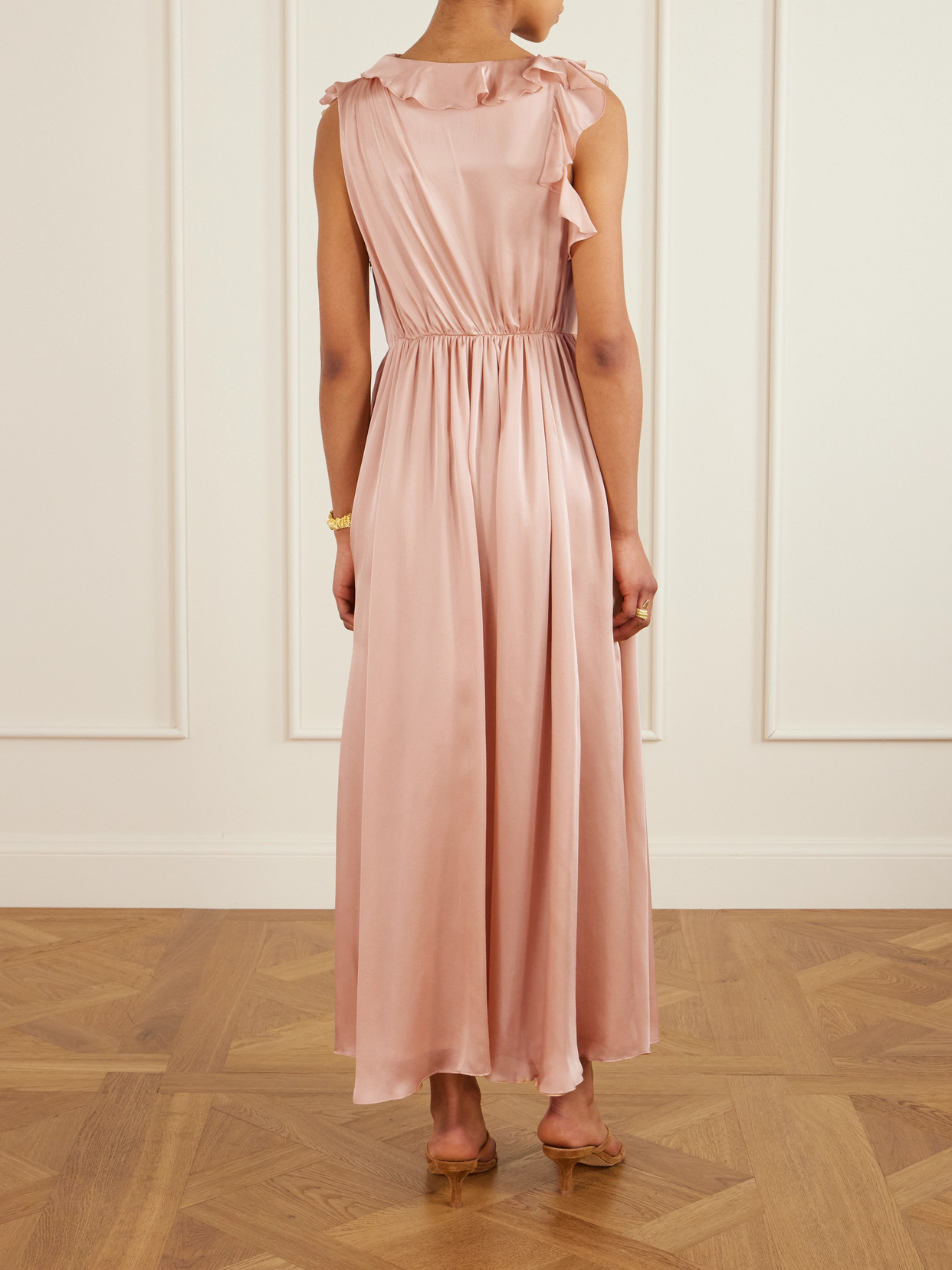 Ulla Johnson Saanvi Draped Ruffled Silk-satin Midi Dress In Pink