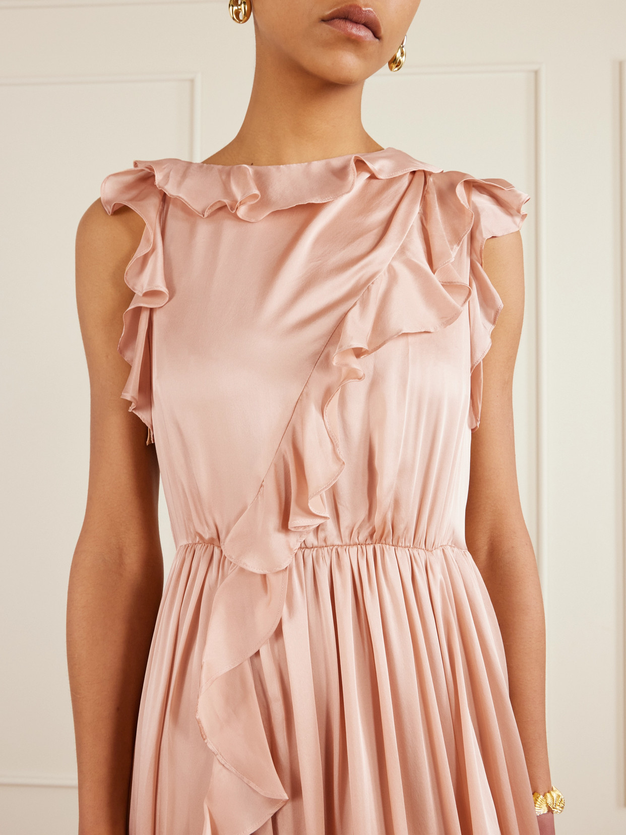 Ulla Johnson Saanvi Draped Ruffled Silk-satin Midi Dress In Pink