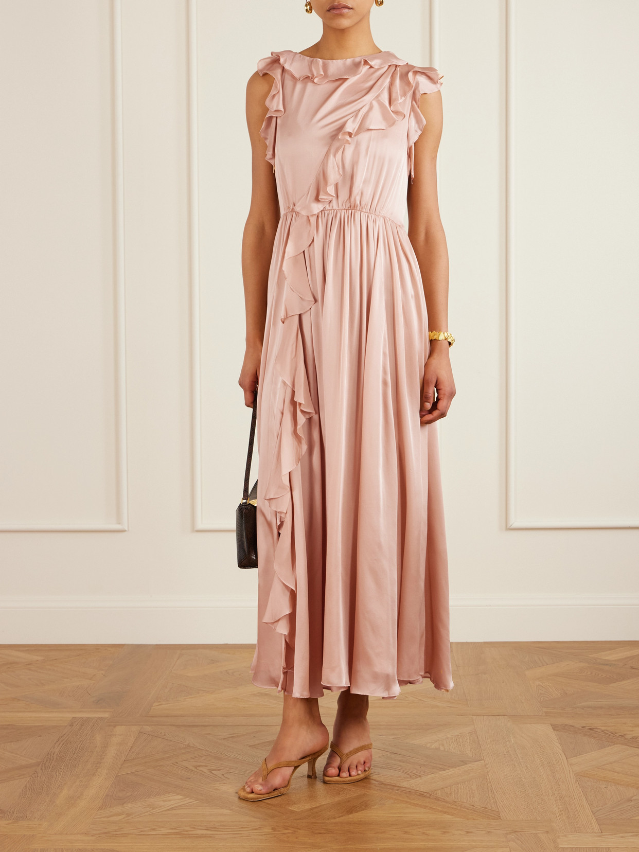 Ulla Johnson Saanvi Draped Ruffled Silk-satin Midi Dress In Pink