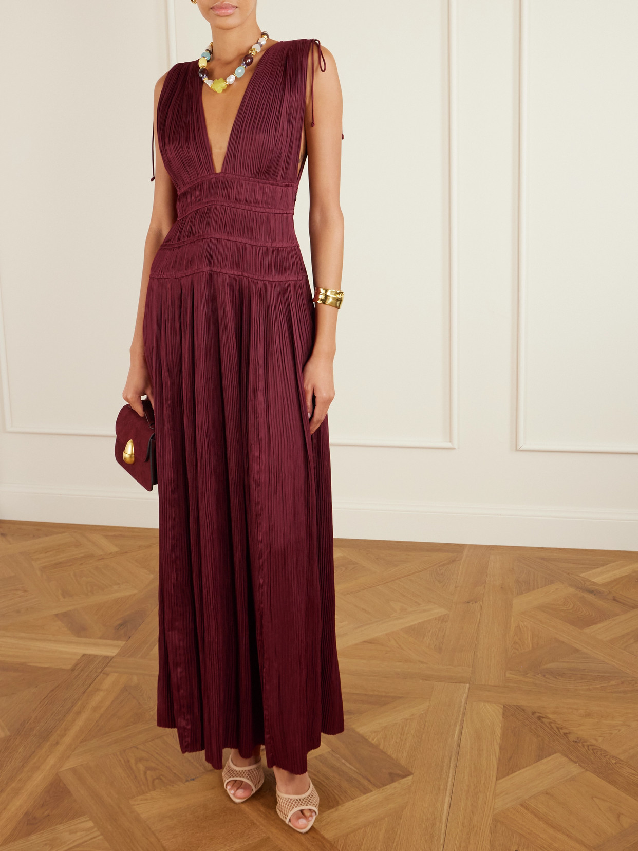 Ulla Johnson Tasneem Pleated Deep-v Satin Gown In Burgundy