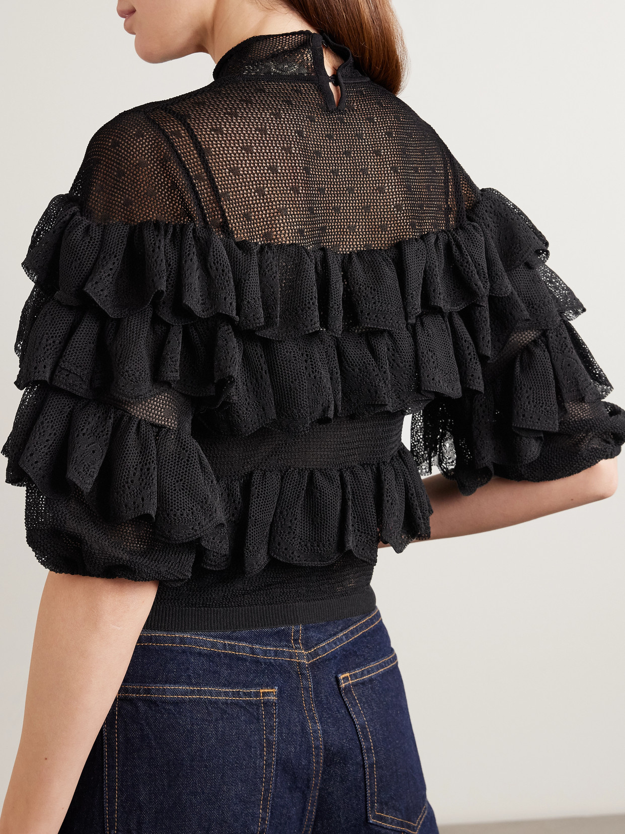 Corinna Ruffled Tiered Point D'Esprit And Chantilly Lace Blouse