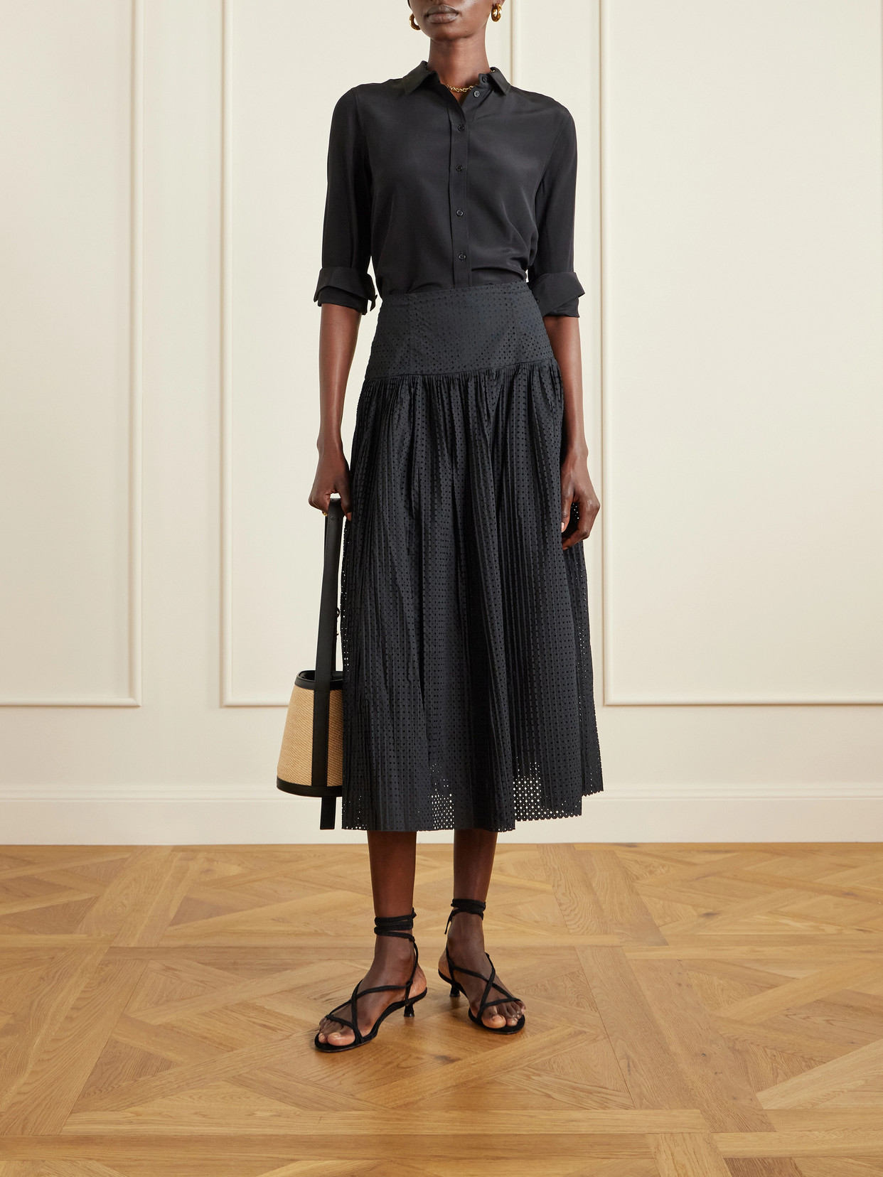 Nalla Pleated Perforated Cotton Midi