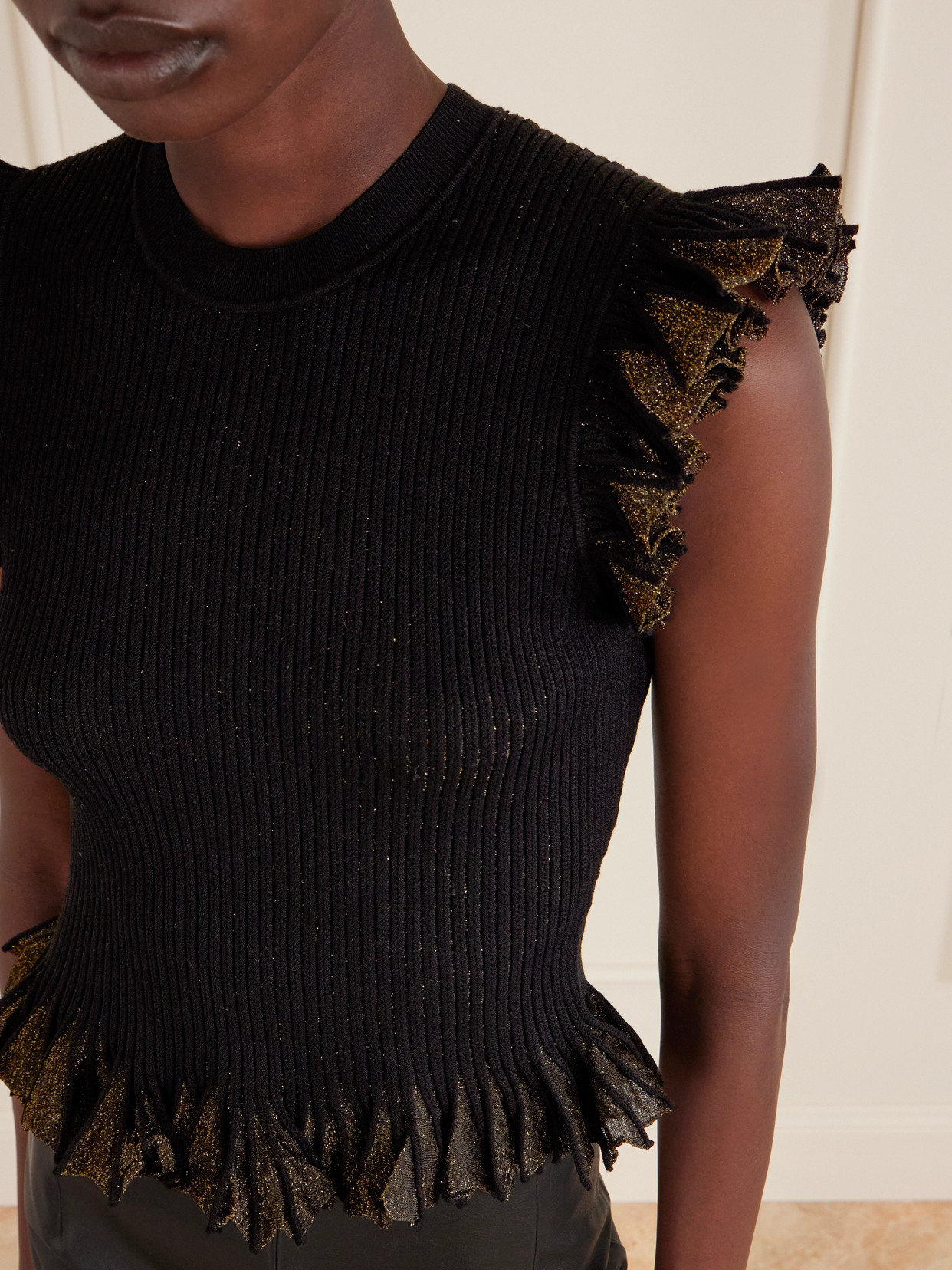 Ulla Johnson Leila Ruffled Ribbed Metallic-knit Top In Black