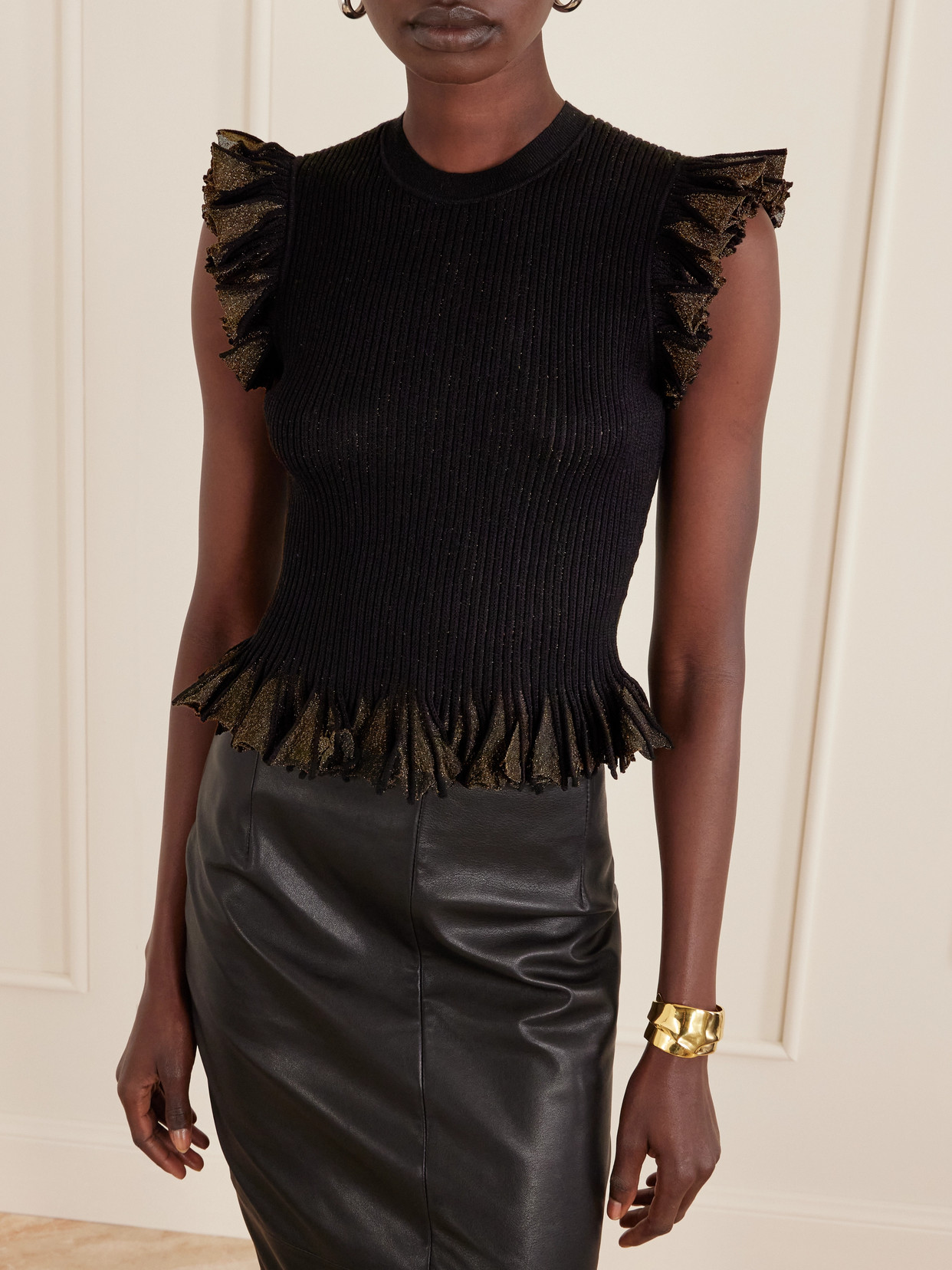 Ulla Johnson Leila Ruffled Ribbed Metallic-knit Top In Black