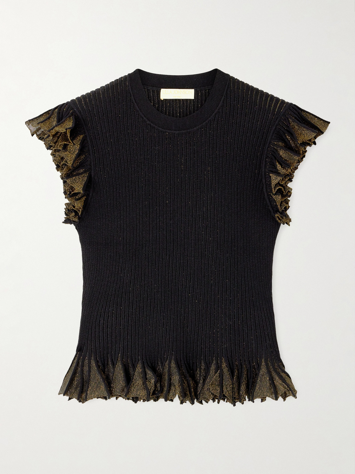Ulla Johnson Leila Ruffled Ribbed Metallic-knit Top In Black