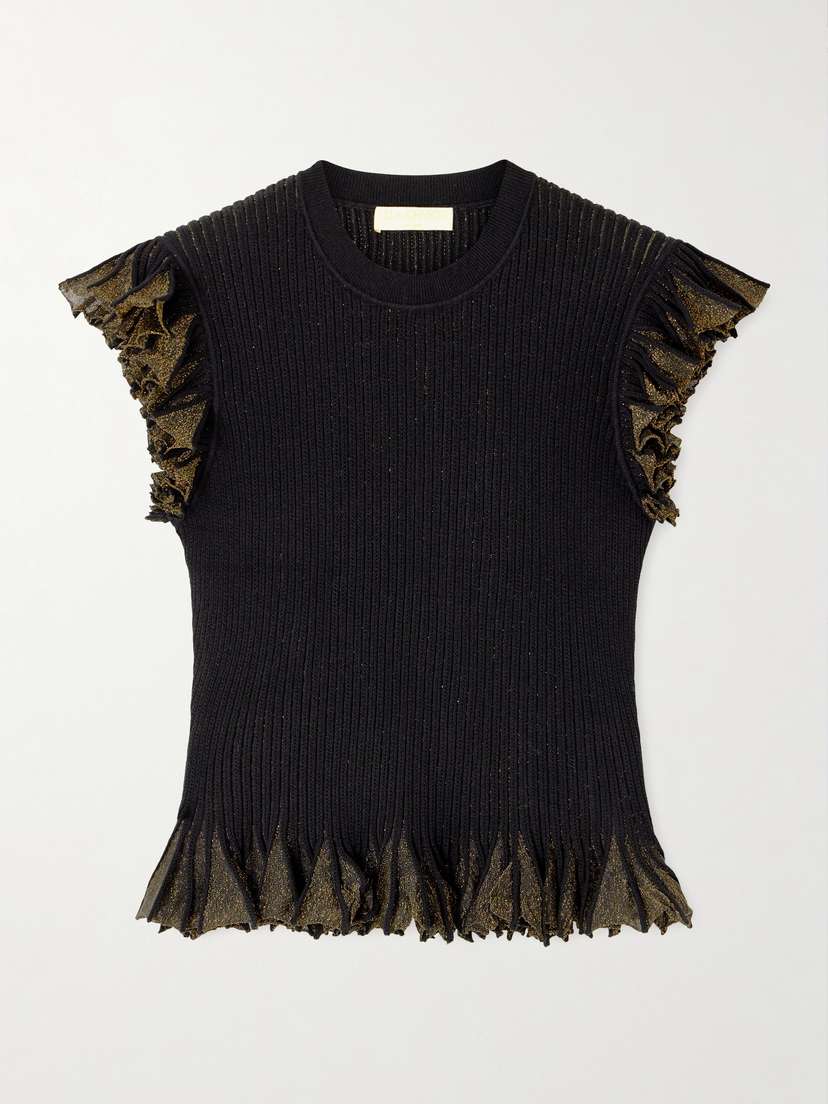 Ulla Johnson Leila Ruffled Ribbed Metallic-knit Top
