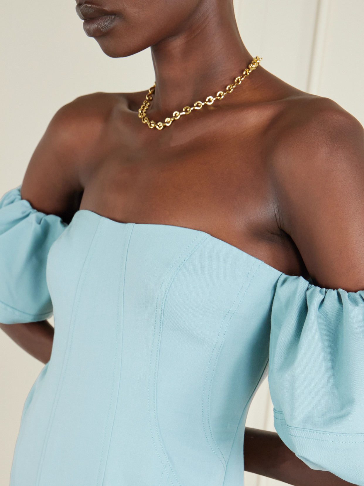 Ulla Johnson Nina Off-the-shoulder Paneled Twill Midi Dress In Blue