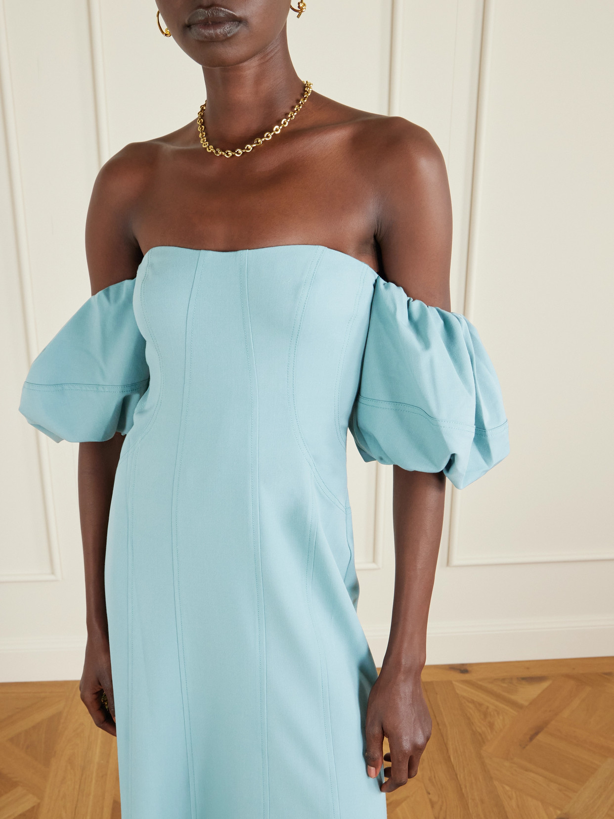 Ulla Johnson Nina Off-the-shoulder Paneled Twill Midi Dress In Blue