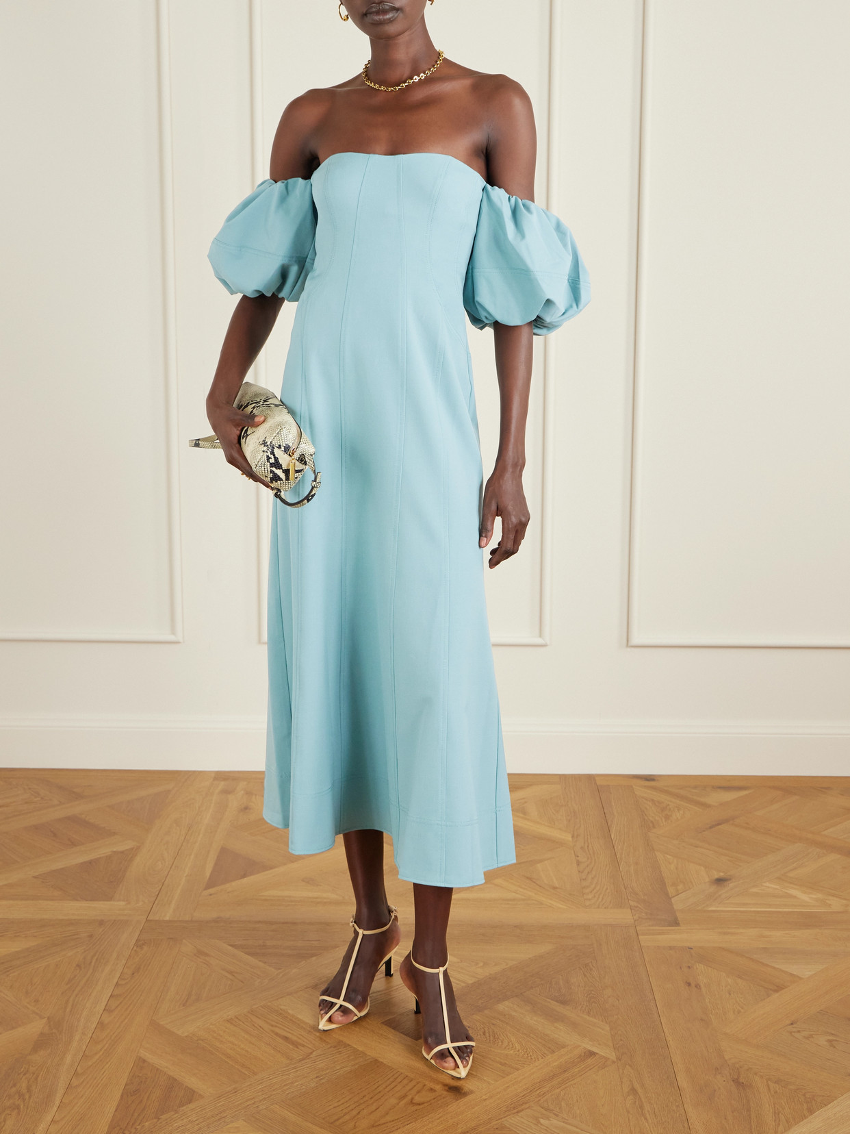 Ulla Johnson Nina Off-the-shoulder Paneled Twill Midi Dress In Blue