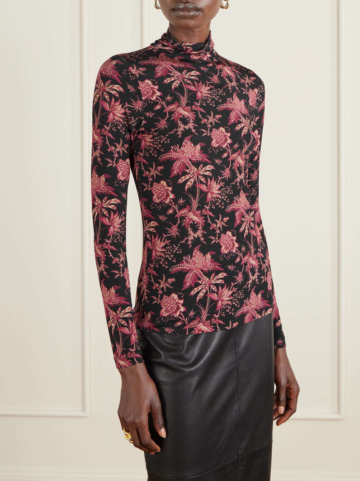 Ulla Johnson Aurelia Jersey Long Sleeve Turtleneck Top In Night Lily In Black