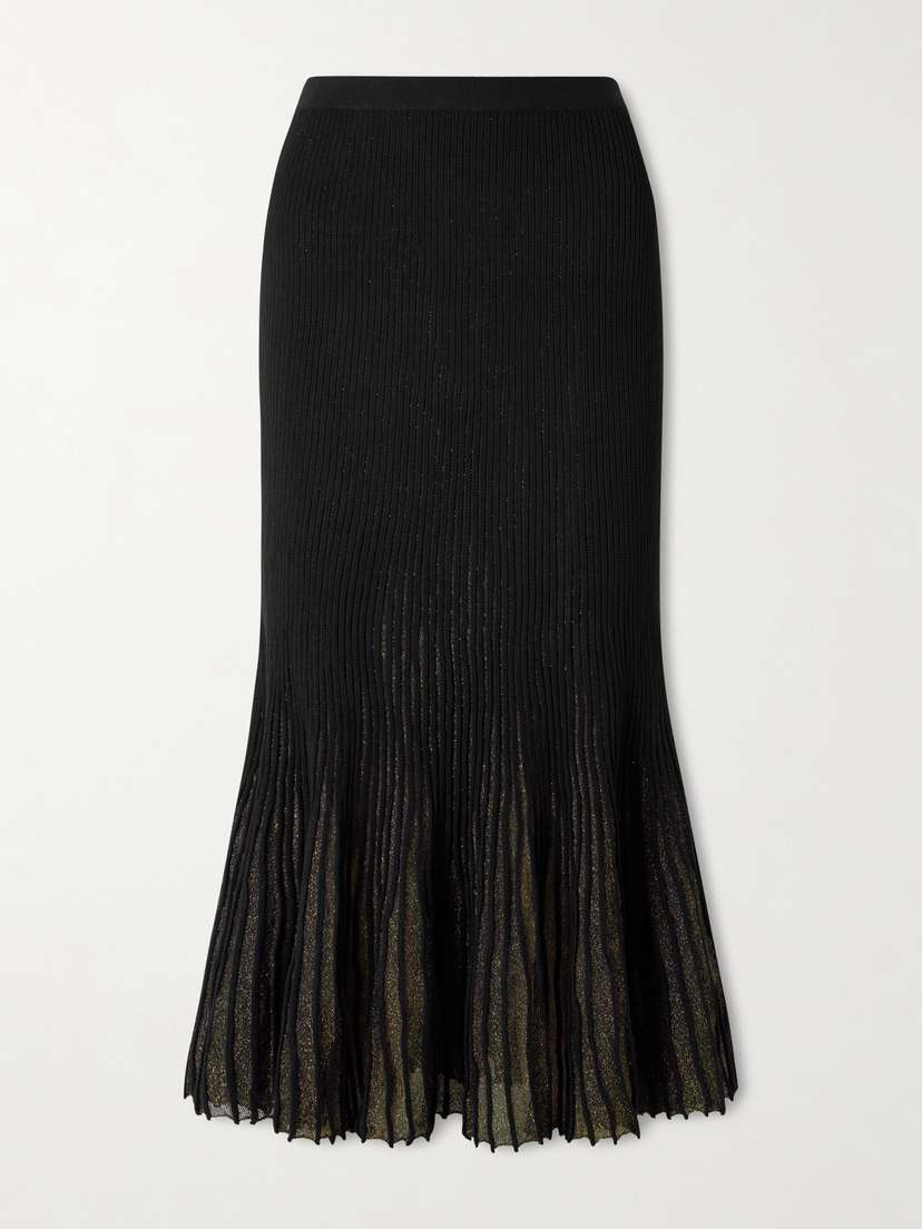 Ulla Johnson Vera Pleated Metallic Ribbed-knit Midi Skirt