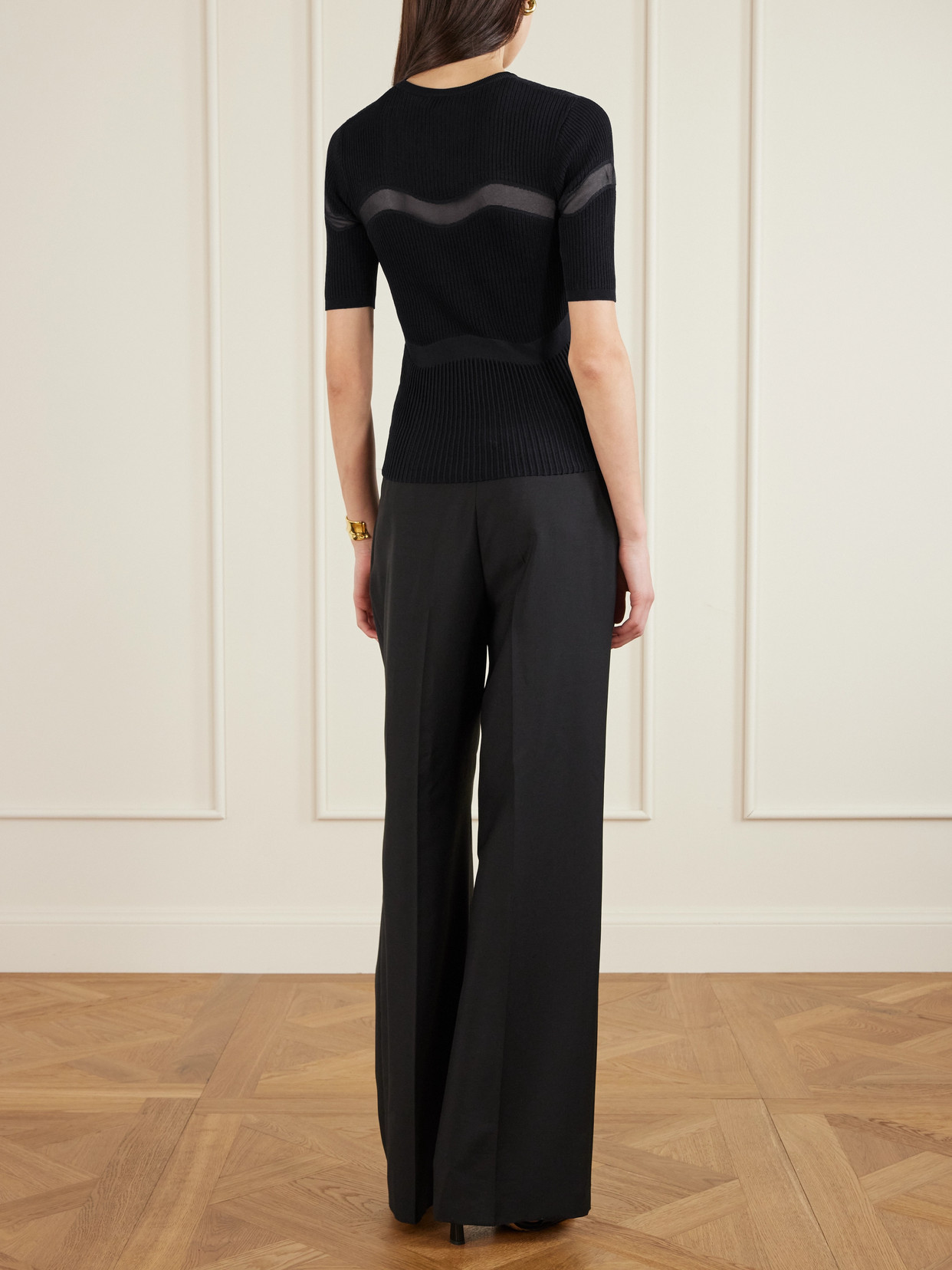 Ayla Mesh-Paneled Ribbed-Knit Top