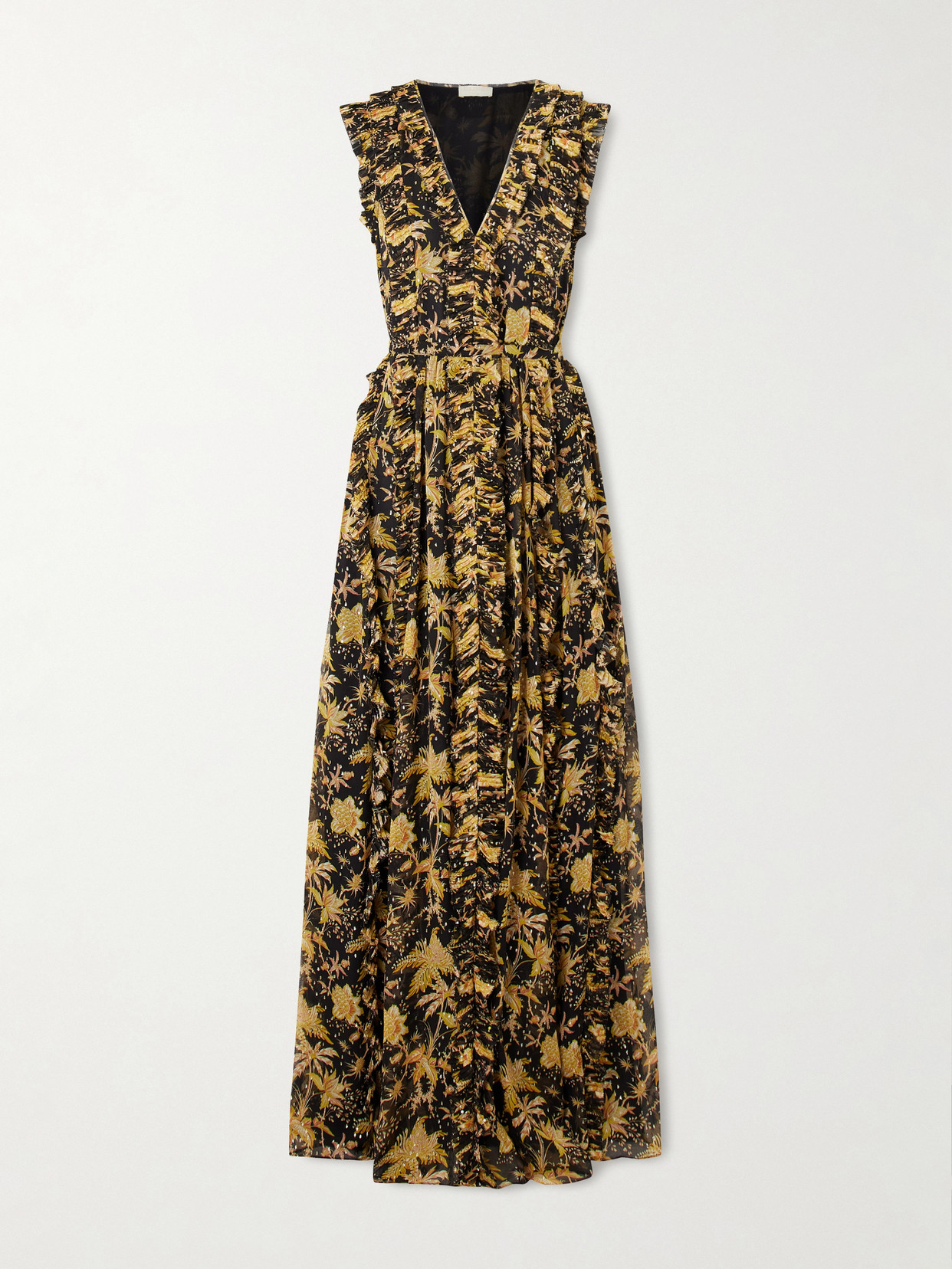 Ulla Johnson Aida Pleated Ruffled Floral-print Metallic Silk-chiffon Gown In Black