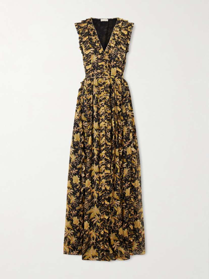 Ulla Johnson Aida Pleated Ruffled Floral-print Metallic Silk-chiffon Gown