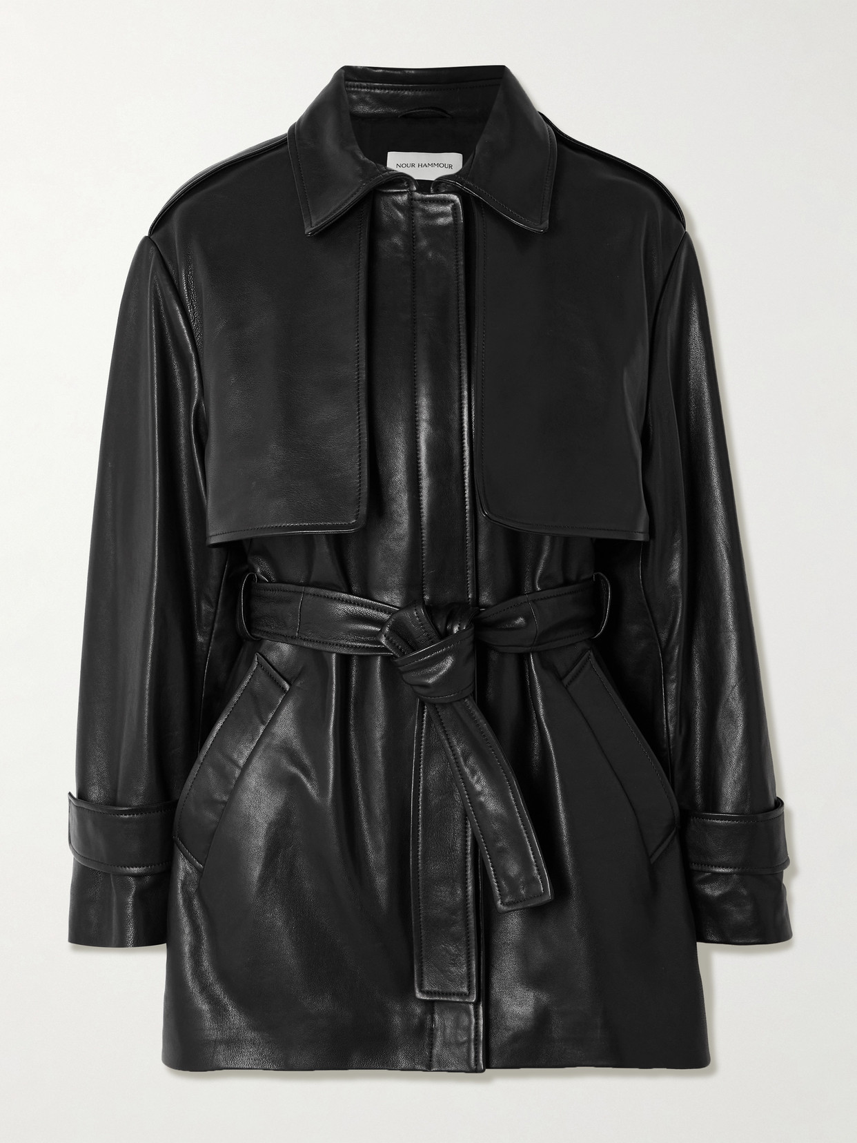 Nour Hammour Priya Belted Paneled Leather Jacket In Black