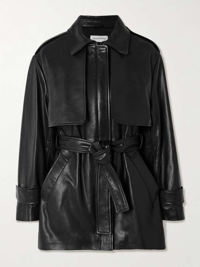 Nour Hammour Priya Belted Paneled Leather Jacket