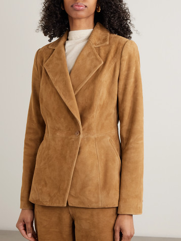 NOUR HAMMOUR Double-breasted paneled asymmetric brushed-suede blazer