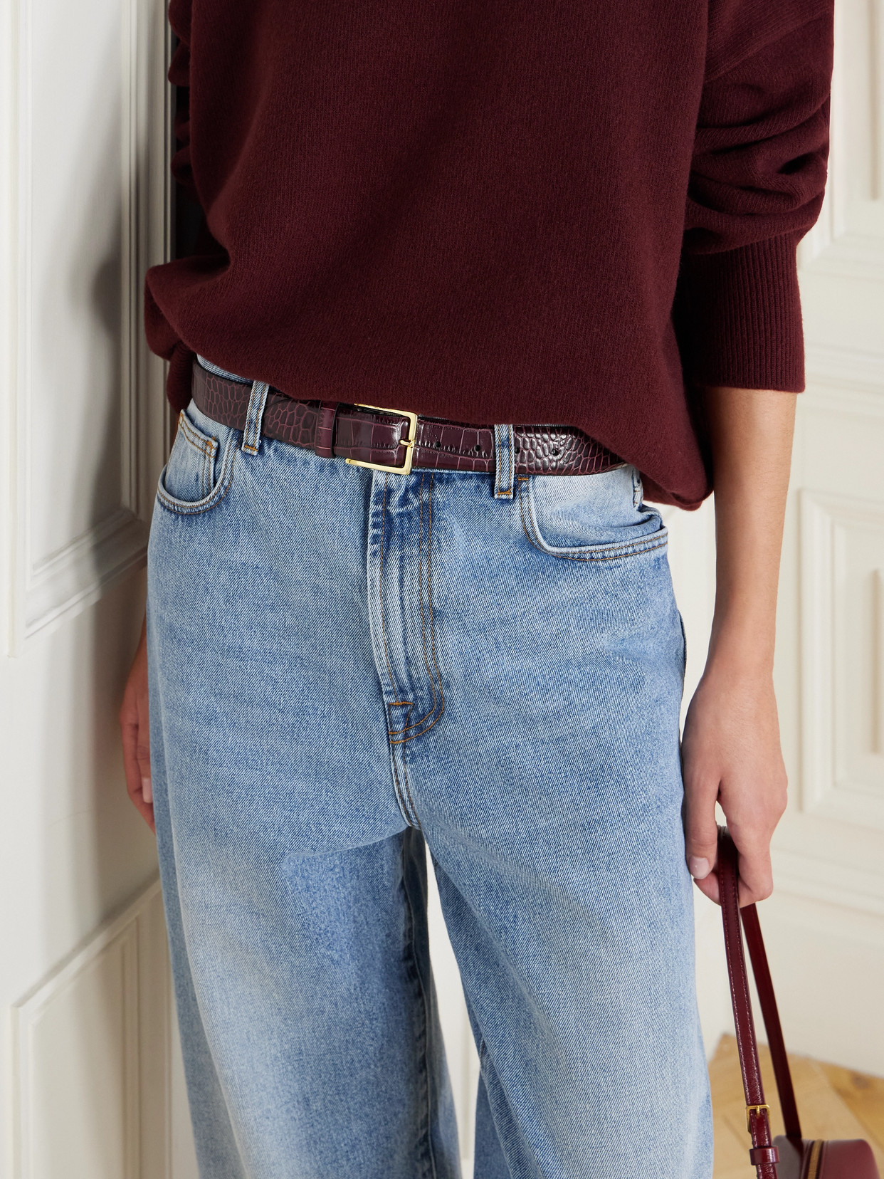 Anderson's Croc-effect Leather Belt In Burgundy