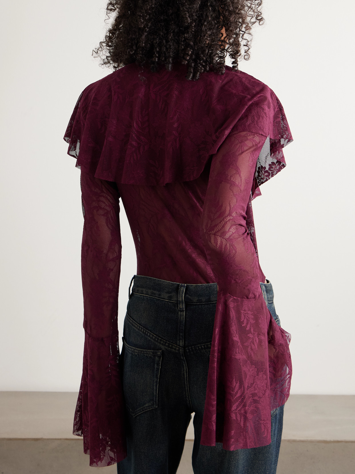 Norma Kamali Ruffled Stretch-lace Bodysuit In Brown