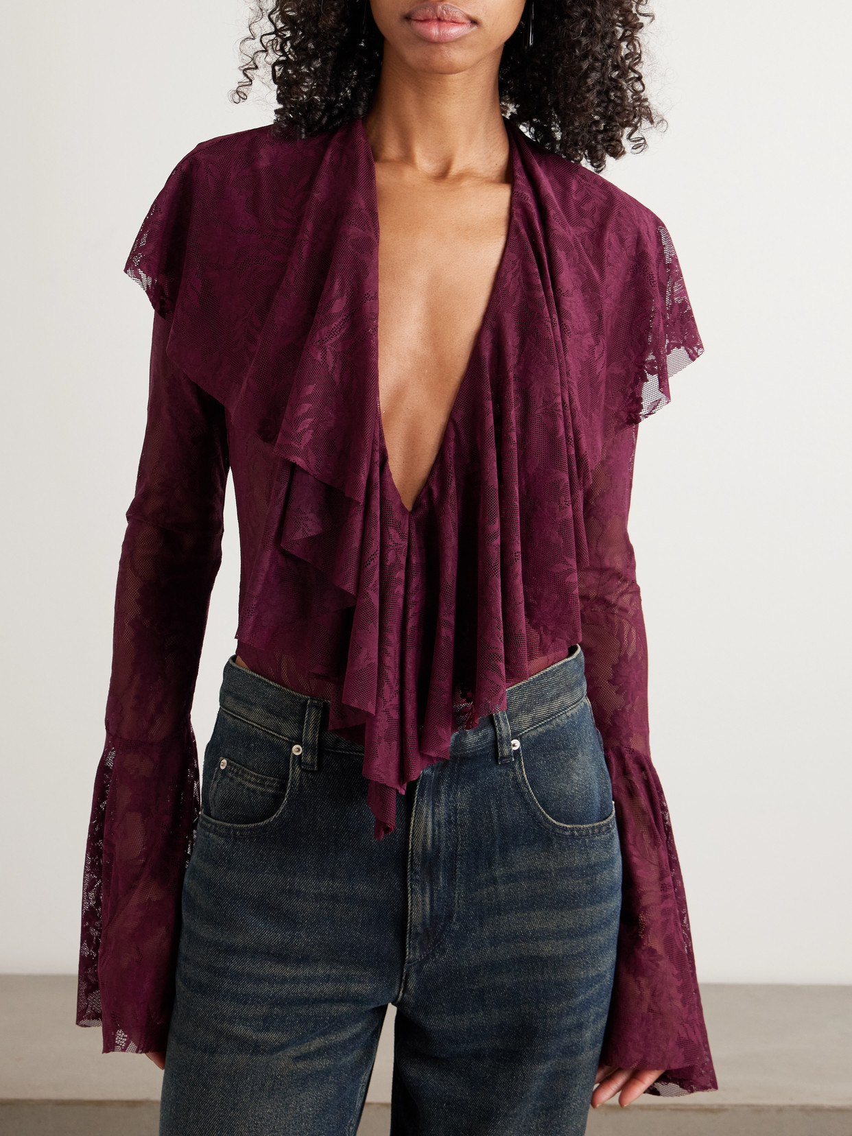 Norma Kamali Ruffled Stretch-lace Bodysuit In Brown